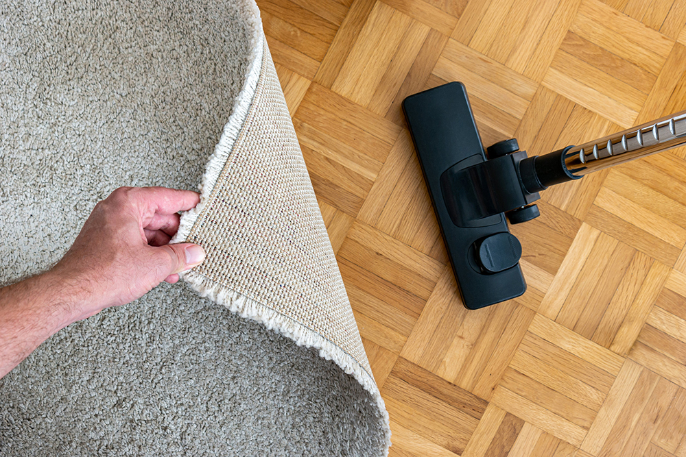 Vacuum cleaner extension on a laminated wooden floor close to a grey fabric rug held up by male human hand 2019